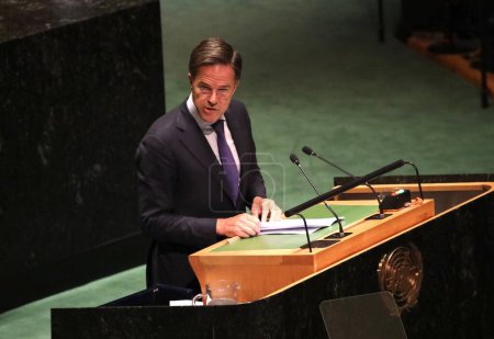 Foto de El primer ministro de los Países Bajos, Mark Rutt, habla en la 78ª sesión de la Asamblea General de las Naciones Unidas en Nueva York. 22 de septiembre de 2023, Nueva York, Estados Unidos - Imagen libre de derechos