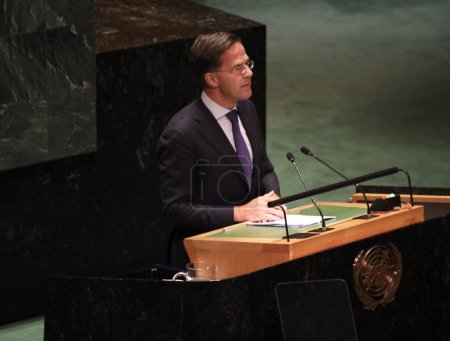 Foto de El primer ministro de los Países Bajos, Mark Rutt, habla en la 78ª sesión de la Asamblea General de las Naciones Unidas en Nueva York. 22 de septiembre de 2023, Nueva York, Estados Unidos - Imagen libre de derechos