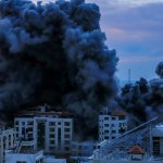 Smoke and flames billow after Israeli forces hit a high-rise tower in Gaza City. October 9, 2023, Gaza, Palestine: Palestinian militants have started a 