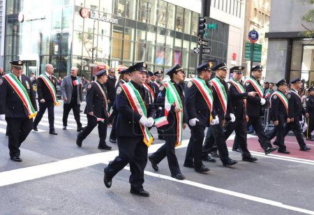 Photo for 79th Columbus Day Parade in New York. October 9, 2023, New York, USA:The 79th Columbus Day Parade is taking place northbound on 5th Avenue, between 42nd and 72nd Streets, New York with floats, bands, students and many people - Royalty Free Image