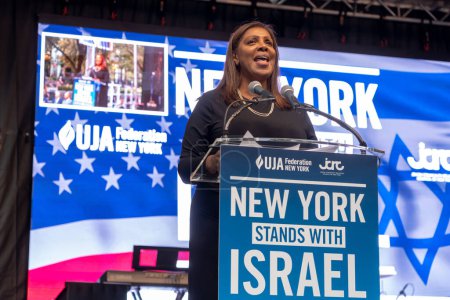 Photo for Rally And Vigil Held In New York City To Stand With Israel After Hamas Attack. October 10, 2023, New York, New York, USA: Attorney General of New York Letitia James speaks at a New York Stands With Israel vigil and rally - Royalty Free Image