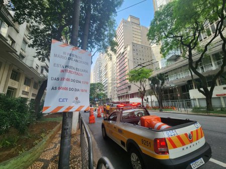 Photo for Sao Paulo (SP), Brazil 12/10/2023 - Road closure for the event taking place on the 13th, 14th and 15th of October at the Mario de Andrade Library and other spaces in the city center, through the Municipal Department of Culture - Royalty Free Image