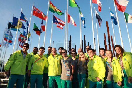 Photo for SANTIAGO (CHILE) - Athletes from the Brazilian delegation during the welcoming ceremony for delegations from the countries that will participate in the Pan American Games 2023 at the Athletes' Village - Royalty Free Image