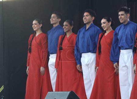 Photo for BAFOCHI ballet folklorico Chile Performs During Raising of Flags at Panamerican Games in Santiago. October 17, 2023, Santiago , Chile: BAFOCHI ballet folklorico Chile Performs During Raising of Flags at Panamerican Games in Santiago welcome parade - Royalty Free Image