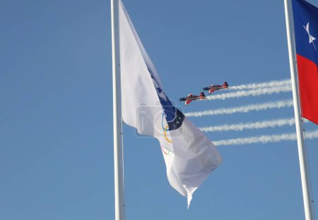 Photo for Raising of Flags at Panamerican Games in Santiago. October 17, 2023, Santiago , Chile:  The Raising of Flags at Panamerican Games in Santiago welcome participating countries in the competition - Royalty Free Image