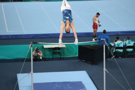 Photo for Santiago (CHILE), 10/18/2023 Men's Artistic Gymnastics free training at the Collective Sports Center at the National Stadium, this Wednesday, October 18, 2023. - Royalty Free Image