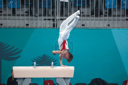 Photo for Santiago (CHILE), 10/18/2023 Men's Artistic Gymnastics free training at the Collective Sports Center at the National Stadium, this Wednesday, October 18, 2023. - Royalty Free Image