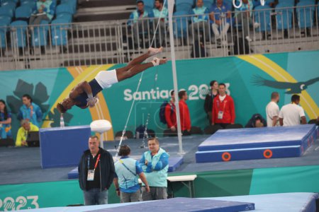 Photo for Santiago (Chile), 10/18/2023 - PANAMERICAN GAMES/SANTIAGO/TRAINING/GYMNASTICS - Athletes from the delegations of Cuba, USA, Colombia, Jamaica and Puerto Rico, participate in the men's free Artistic Gymnastics training sessions - Royalty Free Image