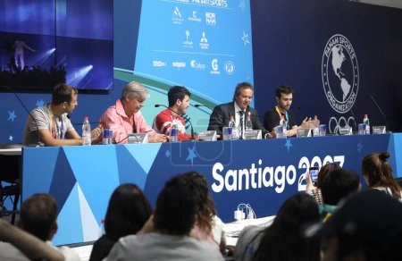 Photo for Press Conference with Sebastian Yatra at National Stadium. October 19, 2023, Santiago, Chile : Colombian Sebastian Yatra, the star of the 2023 Pan American Games opening ceremony made a press conference at the media center in National Stadium - Royalty Free Image