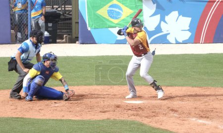 Photo for Baseball Between Brazil and  Venezuela. October 19, 2023, Santiago, Chile : Brazil defeated Venezuela 3-1 in Baseball game at Cerrillos Stadium during 2023 Pan American Games in Santiago, Chile - Royalty Free Image