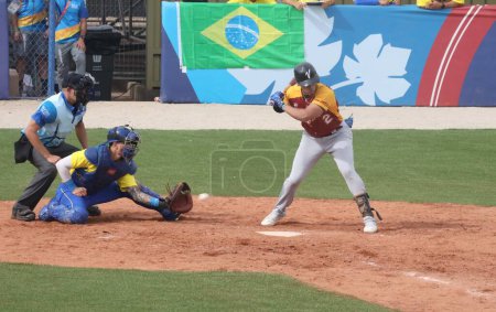 Photo for Baseball Between Brazil and  Venezuela. October 19, 2023, Santiago, Chile : Brazil defeated Venezuela 3-1 in Baseball game at Cerrillos Stadium during 2023 Pan American Games in Santiago, Chile - Royalty Free Image
