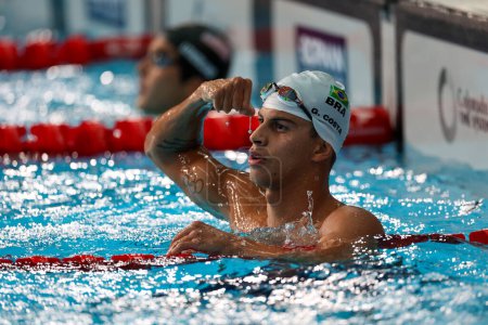 Photo for Santiago (CHL), 10/21/2023 - SWIMMING/400M FREEDOM/MEN/GAMES/PAN AMERICAN/CHILE -Final A of the Men's 400m Freestyle Swimming. The Brazilian Men's National Team Athlete Guilherme Costa, breaks the new Pan American record 03:46.79 and is a gold medal. - Royalty Free Image