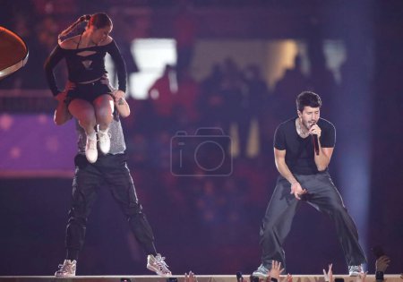 Photo for Sebastian Yatra Performs in Opening Ceremony of 2023 Pan American Games in Santiago. October 20, 2023, Santiago, Chile: Sebastian Yatra and other musical bands perform during the Opening Ceremony of 2023 Pan American Game - Royalty Free Image