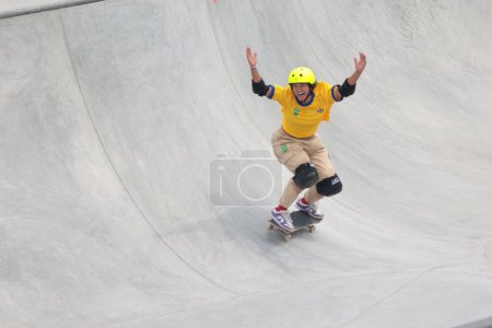 Photo for Santiago, Chile - 10/22/2023: Final of the women's skate park modality was championed by Canada, followed by Brazil silver and USA Bronze. Raicca Ventura wins medal of silver at the Skate Park in Santiago - Royalty Free Image