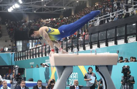 Photo for SANTIAGO (Chile), 10/23/2023 - Men's Artistic Gymnastics Final with SOARES Diogo and MARIANO Arthur representing Brazil against other countries, taking place at the gymnastics center of the National Stadium, in Santiago. - Royalty Free Image
