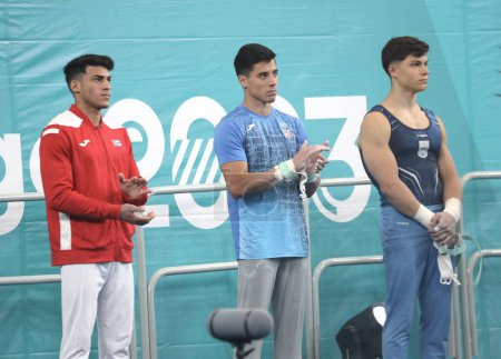 Photo for SANTIAGO (Chile), 10/23/2023 - Men's Artistic Gymnastics Final with SOARES Diogo and MARIANO Arthur representing Brazil against other countries, taking place at the gymnastics center of the National Stadium, in Santiago. - Royalty Free Image