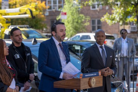 Photo for October 23, 2023 - New York, USA: Mayor Adams Signs Bill Paving Way For Electrification Of All City Government Vehicles. City Councilmember Keith Powers speaks during Intro. 279-A bill signing ceremony at NYCHA&#39;s Ravenswood Houses - Royalty Free Image