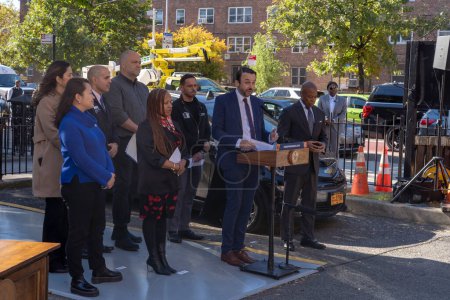 Photo for October 23, 2023 - New York, USA: Mayor Adams Signs Bill Paving Way For Electrification Of All City Government Vehicles. City Councilmember Keith Powers speaks during Intro. 279-A bill signing ceremony at NYCHA&#39;s Ravenswood Houses - Royalty Free Image