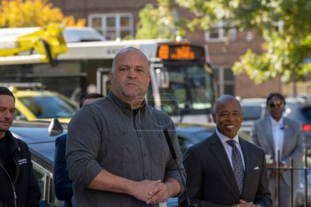 Photo for October 23, 2023 - New York, USA: Mayor Adams Signs Bill Paving Way For Electrification Of All City Government Vehicles. Sierra Club Executive Director Ben Jealous speaks during Intro. 279-A bill signing ceremony at NYCHA&#39;s Ravenswood Houses - Royalty Free Image