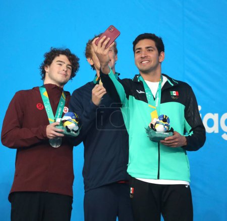 Photo for Santiago, Chile, USA. 23rd Oct, 2023: Medal ceremony in the men's 200 meter breaststroke won by the American FOSTER J, the Canadian BRAYDEN TAIVASSALO (silver) and the Mexican ANDRES PUENTE BUSTAMANTE (bronze ) at the National Stadium Aquatics Center - Royalty Free Image