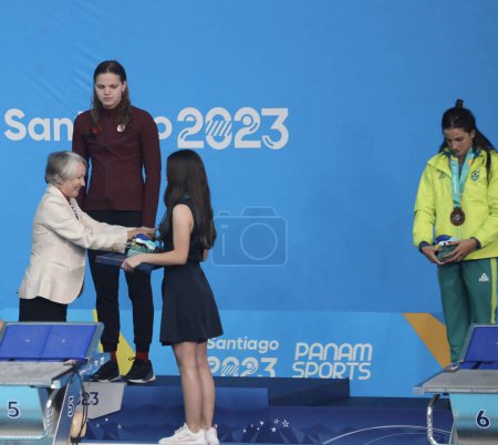 Photo for SANTIAGO (CHL), 10/23/2023: The women's 400m individual medley was won by Canadian ROUSSEAU Julie (gold), American BELL Lucerne (silver) and Brazilian RONCATTO Gabrielle ( bronze) at the Aquatics Center. - Royalty Free Image