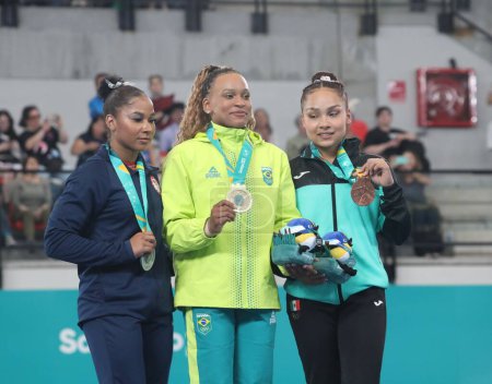 Photo for SANTIAGO (CHL), 10/24/2023 - CEREMONY/FINAL/JUMP/WOMEN - Medal ceremony for the women's Jump Final with Brazilian ANDRADE Rebeca (Gold), American CHILES Jordan (Silver) and Mexican ESCALERA Natali - Royalty Free Image