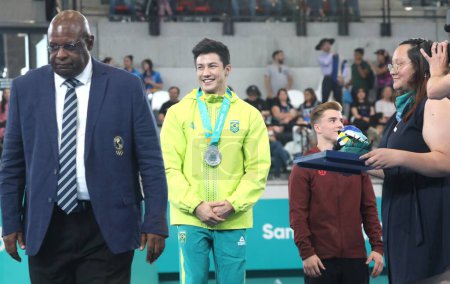 Photo for SANTIAGO (CHL), 10/24/2023: Medal ceremony for the Men's Floor Final with Canadian DOLCI Felix with Gold, Brazilian MARIANO Arthur with Silver and Colombian LARRAHONDO Juan with Bronze. - Royalty Free Image