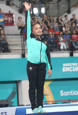 Photo for SANTIAGO (CHL), 10/24/2023 - CEREMONY/FINAL/JUMP/WOMEN - Medal ceremony for the women's Jump Final with Brazilian ANDRADE Rebeca (Gold), American CHILES Jordan (Silver) and Mexican ESCALERA Natali - Royalty Free Image
