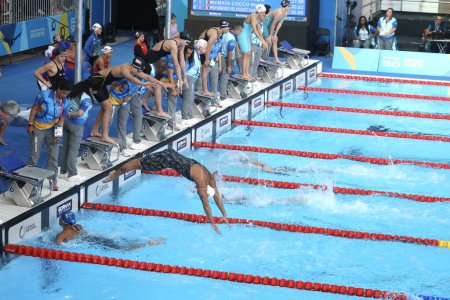 Photo for SANTIAGO (CHL), 10/24/2023: The Women's 4x200 Free Relay was won by USA (Gold), Brazil (Silver) and Canada (Bronze) at the Aquatics Center of the National Stadium, Santiago, Chile. - Royalty Free Image