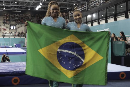Photo for Santiago, Chile - 10/25/2023: Women's Artistic Gymnastics Final by device on the balance beam with gold for Flavia Saraiva and silver for Rebeca Andrade from Brazil and bronze for Ava Stewart - Royalty Free Image