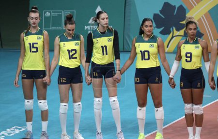 Photo for SANTIAGO, CHILE - October 26,2023: Final of the women's volleyball team for the gold medal between Brazil and the Dominican Republic on the main court of Parque Arena O'Higgins in Santiago, Chile - Royalty Free Image