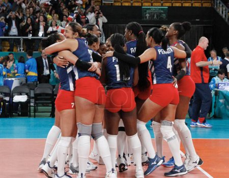 Photo for SANTIAGO, CHILE - October 26,2023: Final of the women's volleyball team for the gold medal between Brazil and the Dominican Republic on the main court of Parque Arena O'Higgins in Santiago, Chile - Royalty Free Image