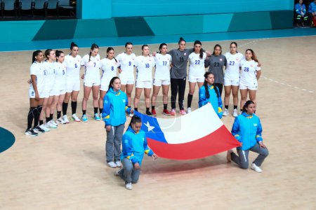 Téléchargez les photos : Vina del Mar (Chili), 28 / 10 / 2023 - Match entre le Brésil et le Chili, qui se sont affrontés en demi-finale de handball féminin aux Jeux panaméricains. L'équipe brésilienne a gagné par le score de 30 x 10, le jeu - en image libre de droit