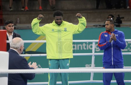 Photo for SANTIAGO (CHL), 10/27/2023 - Men's boxing final under 80kg, fight for the 160 gold medal between Brazilian De Souza Pereira Wanderley and Cuban Lopez Cardona Arien at the Olympic Center of Training - Royalty Free Image