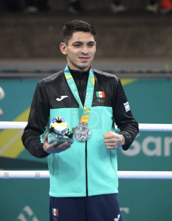 Photo for SANTIAGO (Chile), 10/27/2023 -  Medal ceremony for men's 159 under 63.5kg final bout at the Olympic Training Center during the 2023 Pan American Games in Santiago, Chile, with Canadian Sanford Wyatt winning gold - Royalty Free Image