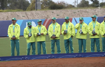 Photo for SANTIAGO (Chile), 10/28/2023 - CEREMONY/MEDAL/BASEBALL - Medal ceremony for the final of the men's baseball team with Colombia winning the gold, Brazil taking the silver and Mexico winning the bronze in Baseball and Softball Center - Royalty Free Image