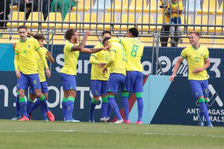 Photo for Vina del Mar (Chile), 10/29/2023 - Gustavo Martins Brazil scores and celebrates his goal in the Brazil team's match against Honduras, in round 3, group B, at the Sausalito Stadium in Vina del Mar - Royalty Free Image