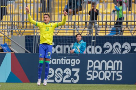 Photo for Vina del Mar (Chile), 10/29/2023 - Gustavo Martins Brazil scores and celebrates his goal in the Brazil team's match against Honduras, in round 3, group B, at the Sausalito Stadium in Vina del Mar - Royalty Free Image