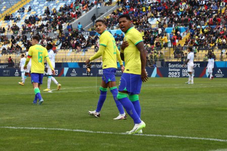 Téléchargez les photos : Vina del Mar (Chili), 29 / 10 / 2023 - Thauan Lara Brésil marque et célèbre son but dans le match de l'équipe brésilienne contre le Honduras, dans la troisième ronde, groupe B, au Stade Sausalito à Vina del Mar - en image libre de droit