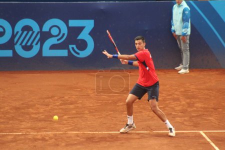 Photo for SANTIAGO (Chile), 10/29/2023 -  Argentine Facundo Diaz won the gold medal in the men's singles tennis, beating Chilean Tomas Barrios 6-3 and 7-6, during the Pan American Games 2023 and at the National Stadium Tennis Center - Royalty Free Image