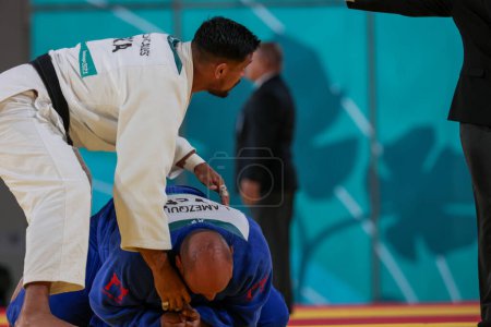 Foto de Santiago (Chile), 31 / 10 / 2023 - Confrontación entre Brasil x Venezuela en el equipo judo, para los cuartos de final, en el contact center, en el Estadio Nacional de Chile donde se disputan los Juegos Panamericanos - Imagen libre de derechos