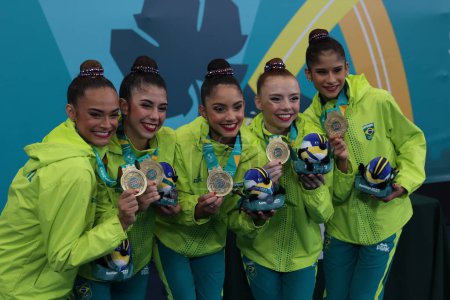 Photo for Santiago (Chile) - 03/11/2023: Brazil takes the gold followed by Mexico with the silver and bronze for the USA. Rhythmic Gymnastics at the National Stadium in Santiago, Chile, where the Pan-American Games are taking place - Royalty Free Image