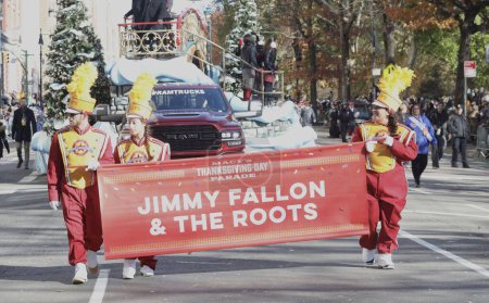 Photo for NEW YORK (USA), 11/23/2023 - The 97 Macy's Thanksgiving Day Parade takes place in Manhattan from 8:30 am to 11 am with giant balloons, floats, leaders fans, clowns, bands - Royalty Free Image