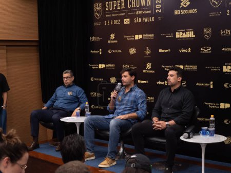 Photo for Sao Paulo (SP), Brazil 11/30/2023 - Press conference with athletes, Rayssa Leal, Felipe Gustavo and Torey Pudwill together with the senior vice-president and general manager of Street League, Matt Rodriguez - Royalty Free Image