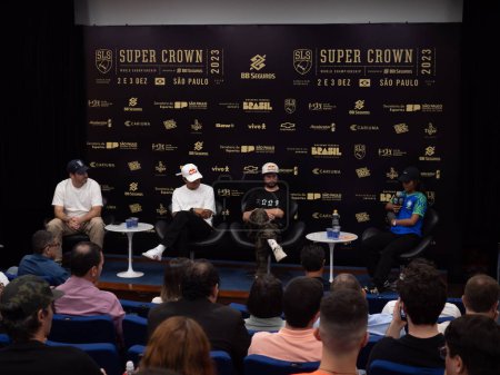 Photo for Sao Paulo (SP), Brazil 11/30/2023 - Press conference with athletes, Rayssa Leal, Felipe Gustavo and Torey Pudwill together with the senior vice-president and general manager of Street League, Matt Rodriguez - Royalty Free Image