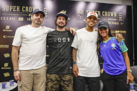 Photo for Sao Paulo (SP), Brazil 11/30/2023 - Participating in the press conference are athletes Rayssa Leal, Felipe Gustavo and Torey Pudwill, as well as Matt Rodriguez - Royalty Free Image