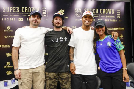 Photo for Sao Paulo (SP), Brazil 11/30/2023 - Participating in the press conference are athletes Rayssa Leal, Felipe Gustavo and Torey Pudwill, as well as Matt Rodriguez - Royalty Free Image