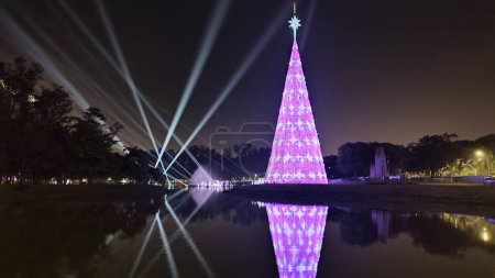 Photo for Sao Paulo Brazil (SP), 12/01/2023 -  Light and effects test of the Christmas tree in Ibirapuera Park that will be opened to the public this Saturday 12/02. - Royalty Free Image