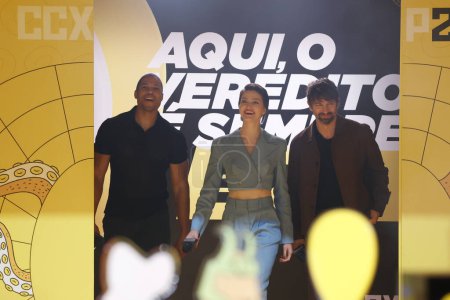 Photo for Sao Paulo (SP), Brazil 12/01/2023 - This mega cast of NETFLIX - REBEL MOON - Ray Fisher, E. Duffy and Michiel Huisman, participate in an event on the Omelete stage on the second day of the 10th edition of Comic Con Experience - Royalty Free Image