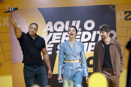 Photo for Sao Paulo (SP), Brazil 12/01/2023 - This mega cast of NETFLIX - REBEL MOON - Ray Fisher, E. Duffy and Michiel Huisman, participate in an event on the Omelete stage on the second day of the 10th edition of Comic Con Experience - Royalty Free Image